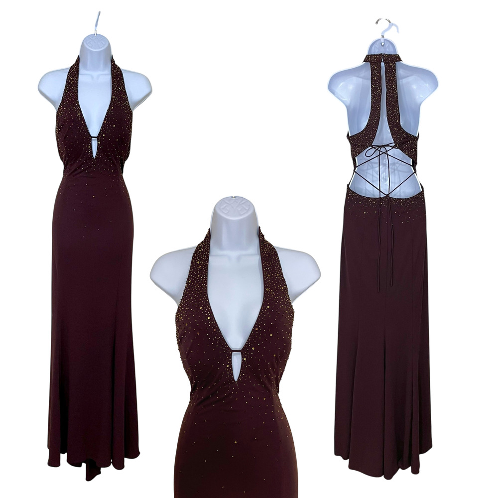 Prom Dress Maxi Gown Sz 12 Fairy Y2K Brown Rhinestone Formal Tie Back Sexy Bead